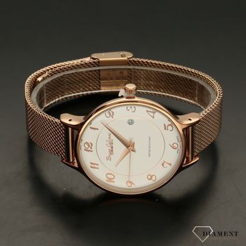 Zegarek damski BRUNO CALVANI BC3097 różowe złoto. Zegarek damski zachowany w klasycznym różowej kolorystyce z piękną białą tarczą. Tarcza zegarka ozdobiona cyframi arabskimi i wskazówkami (5).jpg